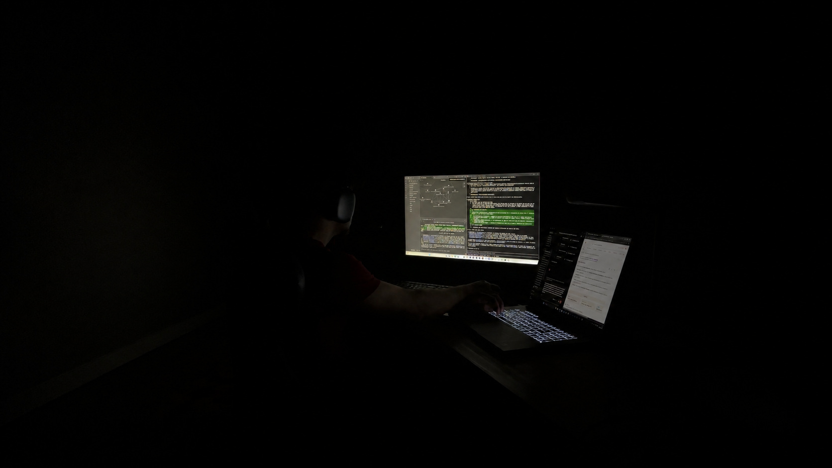 Daniel Fuentes gestionando redes sociales con IA de noche en su estudio